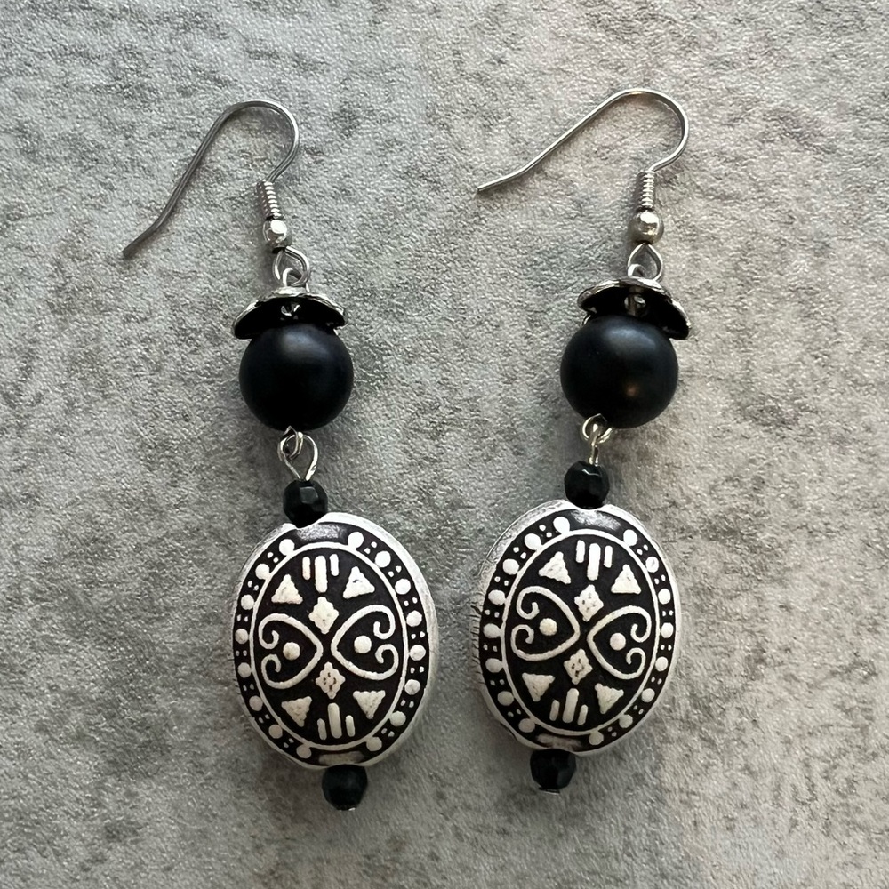 Handmade Black and Patterned Beaded Earrings